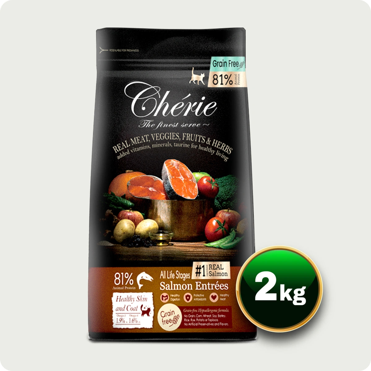 Chérie Dry Food Formula Grain-Free Salmon Entrées 2kg. + Free 2 Cans of Wet Food