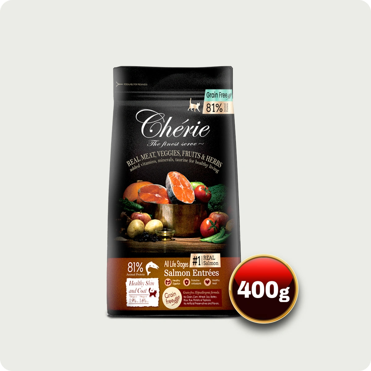 Chérie Dry Cat Food Grain-Free Salmon Entrées 400g. + Free 1 Fillet